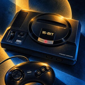 Puede incluir: Una consola de videojuegos Sega Mega Drive negra con ranura para cartuchos, control de volumen, bot&oacute;n de reinicio y luz indicadora de encendido. La consola muestra el texto 16-BIT y MEGA DRIVE. Un mando de juego negro con cruceta y botones A, B, C.