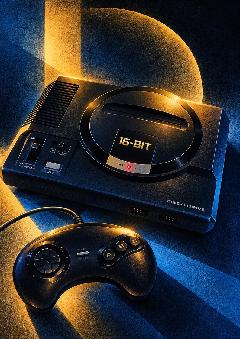Puede incluir: Una consola de videojuegos Sega Mega Drive negra con ranura para cartuchos, control de volumen, bot&oacute;n de reinicio y luz indicadora de encendido. La consola muestra el texto 16-BIT y MEGA DRIVE. Un mando de juego negro con cruceta y botones A, B, C.