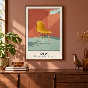 Op de afbeelding: Een ingelijste kunstprint met een mosterdgele Eames DSW-stoel in een kamer met terracotta muren en een blauwgroene vloer. De tekst DSW en Charles & Ray Eames is in het zwart gedrukt onderaan de witte rand van de kunstprint.