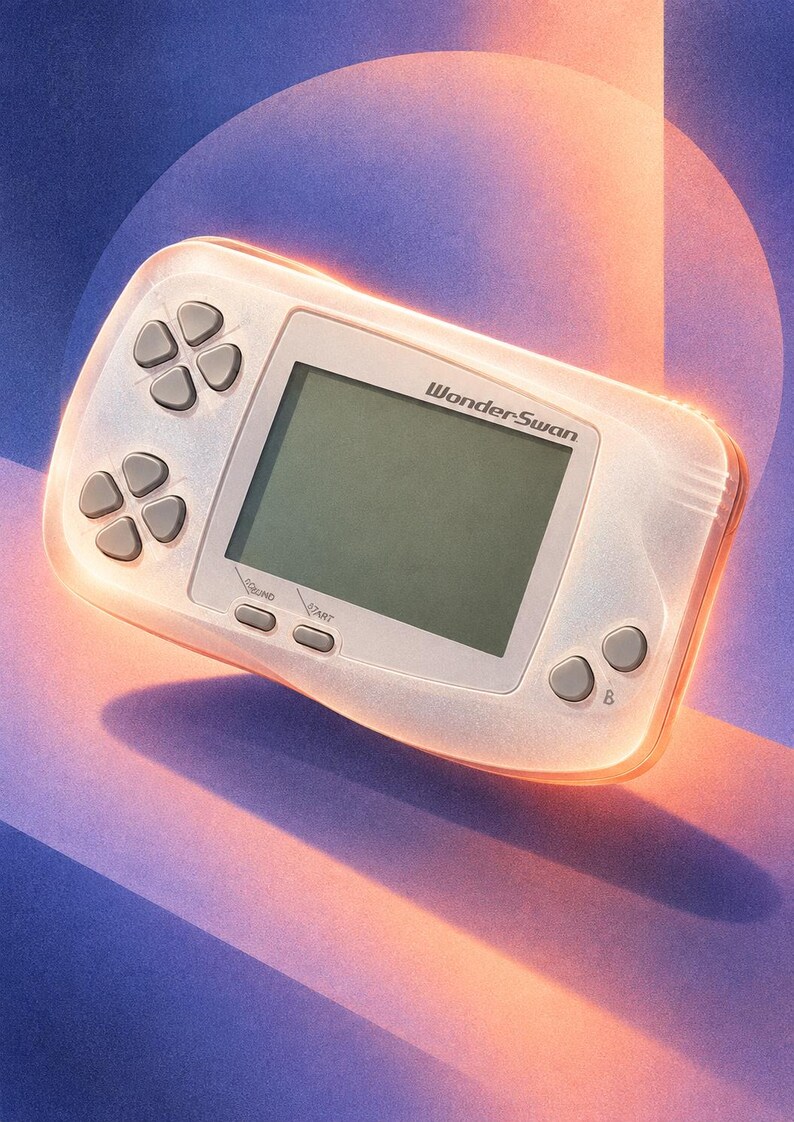 Pu&ograve; includere: Una console di gioco portatile WonderSwan con un involucro bianco traslucido, uno schermo centrale, un pad direzionale a sinistra, due piccoli pulsanti sotto lo schermo etichettati Sound e Start, e due pulsanti di azione a destra con A e B.