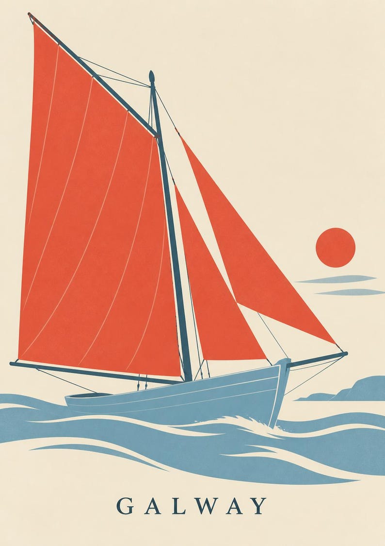 Utskrivbar konst i Galway County, kustdesign med röd segelbåt, digital nedladdning för irländskt bruk bild 6