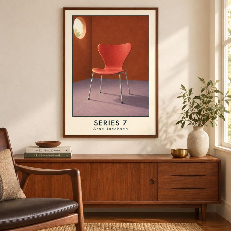 May include: A framed wall art print featuring a red Series 7 chair by Arne Jacobsen. The artwork depicts the chair in a room with terracotta walls, a purple floor, and a circular window. The text SERIES 7 Arne Jacobsen is printed below.