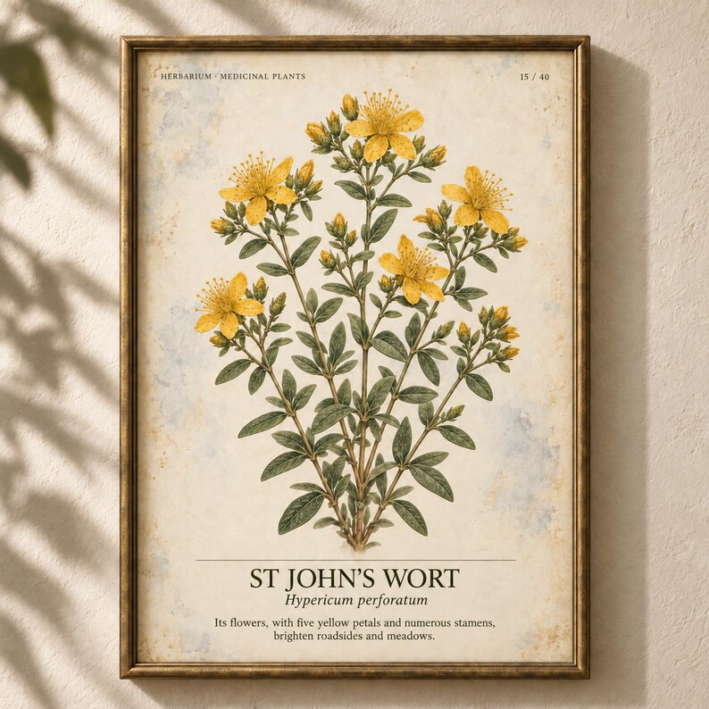 May include: A framed botanical print featuring a St. John's Wort plant with yellow flowers and green leaves. The text reads HERBARIUM MEDICINAL PLANTS, 15/40, ST JOHN'S WORT, Hypericum perforatum, and a description of its flowers and habitat.