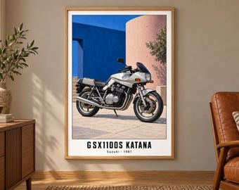 Suzuki GSX1100S Katana Motorcycle Art Print, Retro Poster, Two A2 Digital Versions