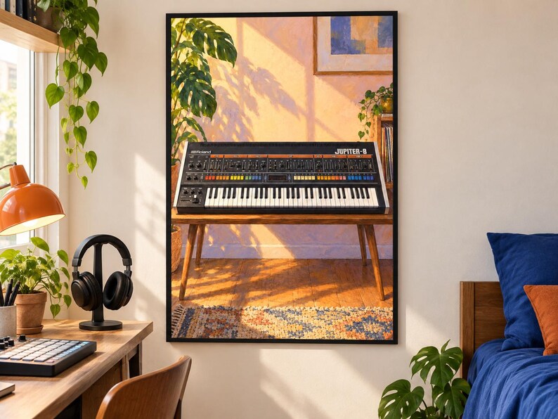 Op de afbeelding: Een ingelijste wandkunstprint met een Roland Jupiter-8 synthesizer op een houten tafel. De synthesizer heeft een zwart bedieningspaneel met talloze knoppen, schuifregelaars en een rij kleurrijke toetsen boven het standaard klavier.