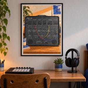 May include: A framed wall print featuring a black ARP 2600 analog synthesizer with multiple sliders, knobs, and patch points connected by red, yellow, and blue patch cables. The synthesizer is set on a wooden surface with a plant in the background.