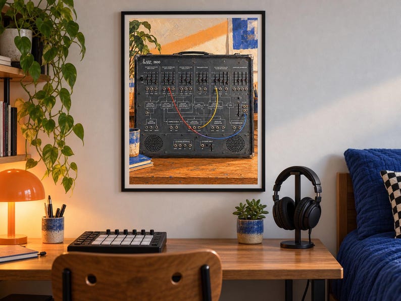 May include: A framed wall print featuring a black ARP 2600 analog synthesizer with multiple sliders, knobs, and patch points connected by red, yellow, and blue patch cables. The synthesizer is set on a wooden surface with a plant in the background.