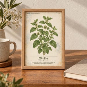 May include: A rectangular wooden frame containing a botanical print of a Melisa plant with green leaves and small white flowers. The print features the text MELISA, Melissa officinalis, and a description in Spanish on a cream-colored background.