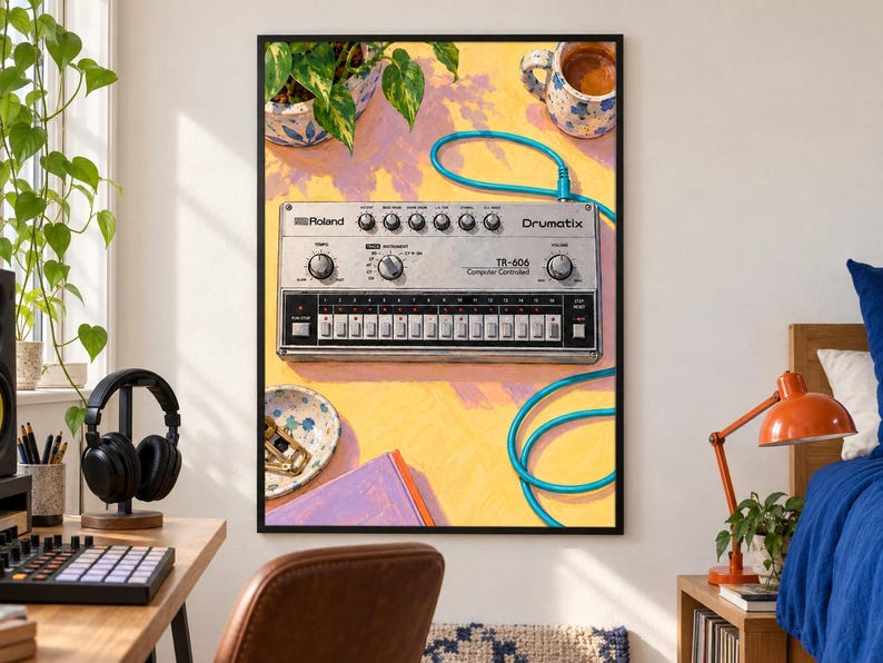 Pu&ograve; includere: Una stampa artistica incorniciata che raffigura una drum machine argentata Roland TR-606 Drumatix con un cavo blu brillante collegato sulla parte superiore. Il dispositivo &egrave; posto su uno sfondo giallo vivace con una tazza decorata e un libro viola.