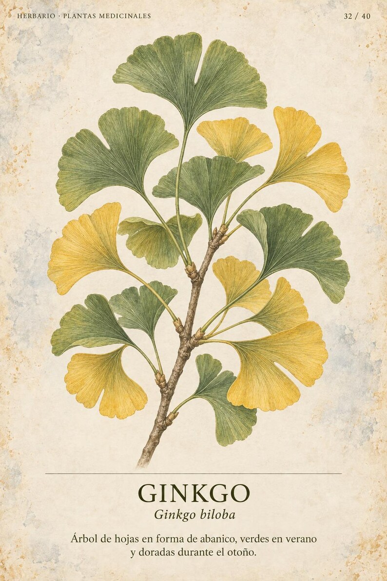 Pu&ograve; includere: Una stampa botanica raffigurante un ramo di Ginkgo biloba con foglie a ventaglio nei toni del verde e del giallo. Il testo riporta HERBARIO PLANTAS MEDICINALES 32/40, GINKGO Ginkgo biloba, e &Aacute;rbol de hojas en forma de abanico, verdes en verano y doradas durante el oto&ntilde;o.