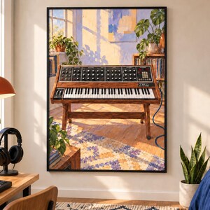 May include: A framed wall art print depicting a Moog synthesizer on a wooden stand. The illustration features a detailed keyboard, numerous control knobs, and the Moog logo. The scene is set in a sunlit room with indoor plants and bookshelves.