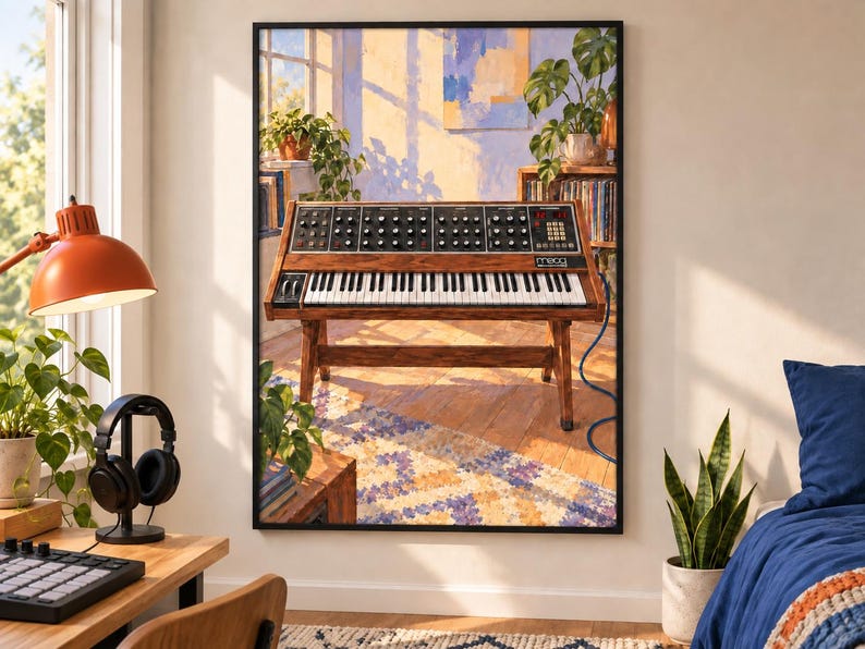 May include: A framed wall art print depicting a Moog synthesizer on a wooden stand. The illustration features a detailed keyboard, numerous control knobs, and the Moog logo. The scene is set in a sunlit room with indoor plants and bookshelves.
