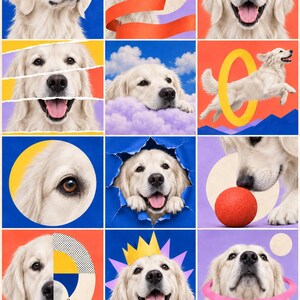 May include: A collage of twelve square panels featuring a golden retriever in various artistic compositions. The dog is shown with blue sunglasses, jumping through a yellow hoop, wearing a paper crown, and interacting with colorful geometric shapes.