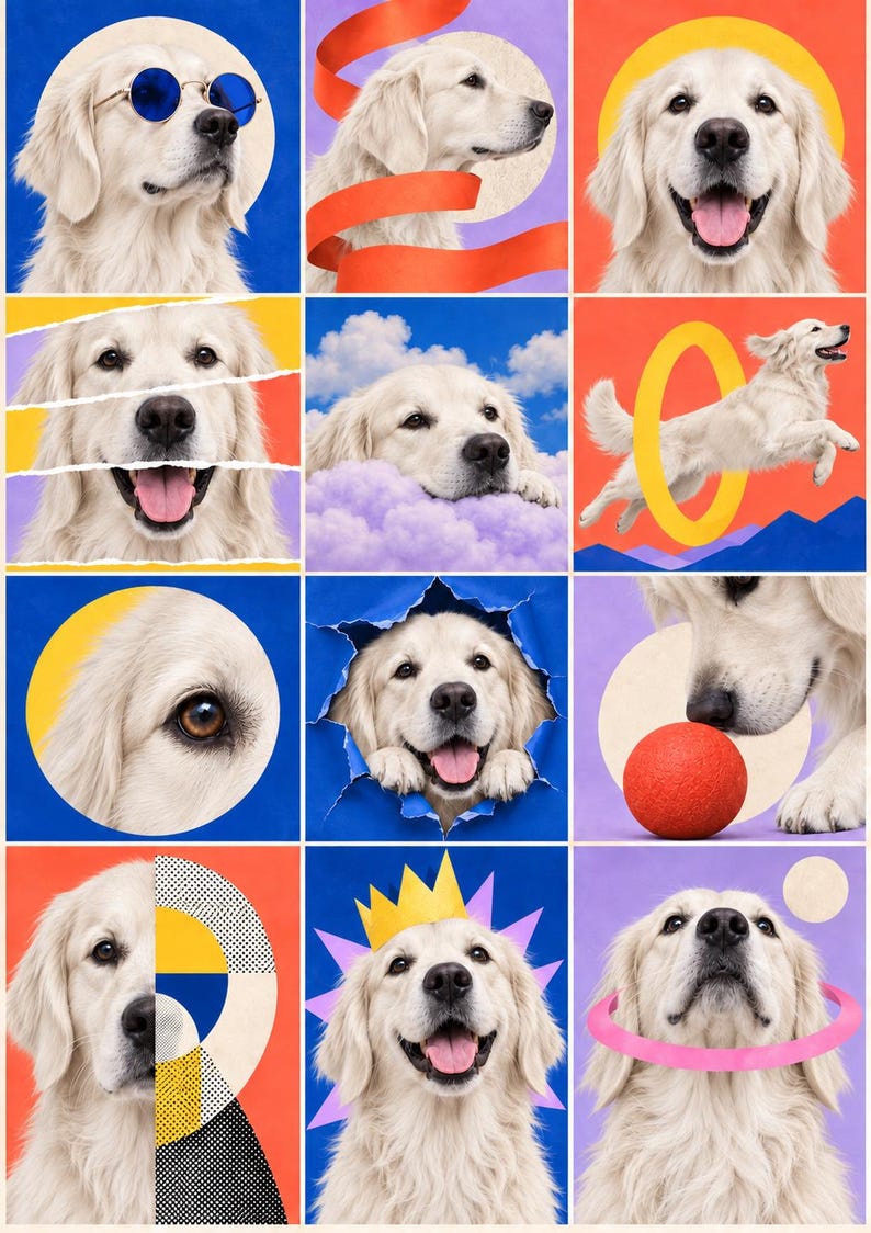 May include: A collage of twelve square panels featuring a golden retriever in various artistic compositions. The dog is shown with blue sunglasses, jumping through a yellow hoop, wearing a paper crown, and interacting with colorful geometric shapes.