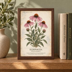 May include: A framed botanical print featuring a detailed illustration of an Echinacea purpurea plant with pink flowers, green leaves, and copper-coloured centres. The text reads "HERBARIUM MEDICINAL PLANTS", "ECHINACEA", and "Echinacea purpurea".