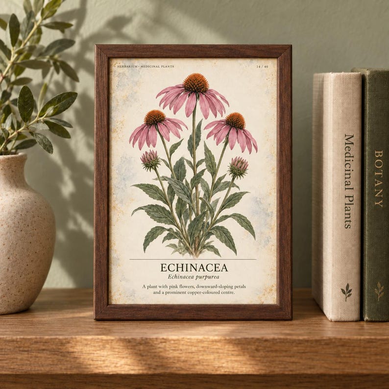 May include: A framed botanical print featuring a detailed illustration of an Echinacea purpurea plant with pink flowers, green leaves, and copper-coloured centres. The text reads "HERBARIUM MEDICINAL PLANTS", "ECHINACEA", and "Echinacea purpurea".