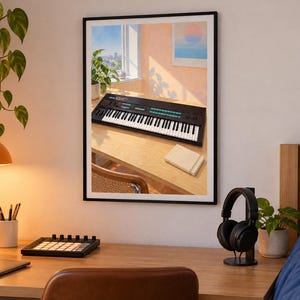 May include: A framed wall art print depicting a black Yamaha DX7 synthesiser on a light wood desk near a window. The scene includes a potted plant, a small notebook, and soft sunlight casting shadows across the desk surface in a bright room.