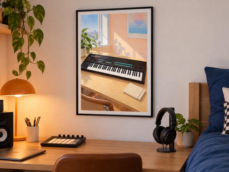 May include: A framed wall art print depicting a black Yamaha DX7 synthesiser on a light wood desk near a window. The scene includes a potted plant, a small notebook, and soft sunlight casting shadows across the desk surface in a bright room.