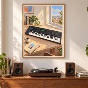 May include: A framed wall art print depicting a black electronic keyboard resting on a wooden desk next to a coffee mug and a book, with a window view of a cityscape in the background. The scene is bathed in warm, natural sunlight.