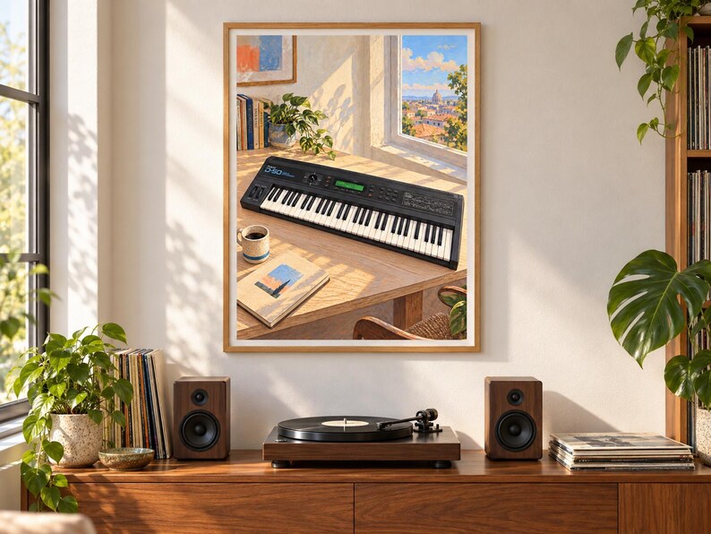 May include: A framed wall art print depicting a black electronic keyboard resting on a wooden desk next to a coffee mug and a book, with a window view of a cityscape in the background. The scene is bathed in warm, natural sunlight.