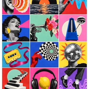 K&ouml;nnte beinhalten: Eine Collage aus zw&ouml;lf lebendigen Feldern mit surrealen Motiven, darunter ein menschliches Ohr mit Schallwellen, eine Schallplatte &uuml;ber Wasser, eine Hand mit blauer Fl&uuml;ssigkeit, eine Trompete mit Blumen, ein Metronom, eine Kassette und eine Discokugel.
