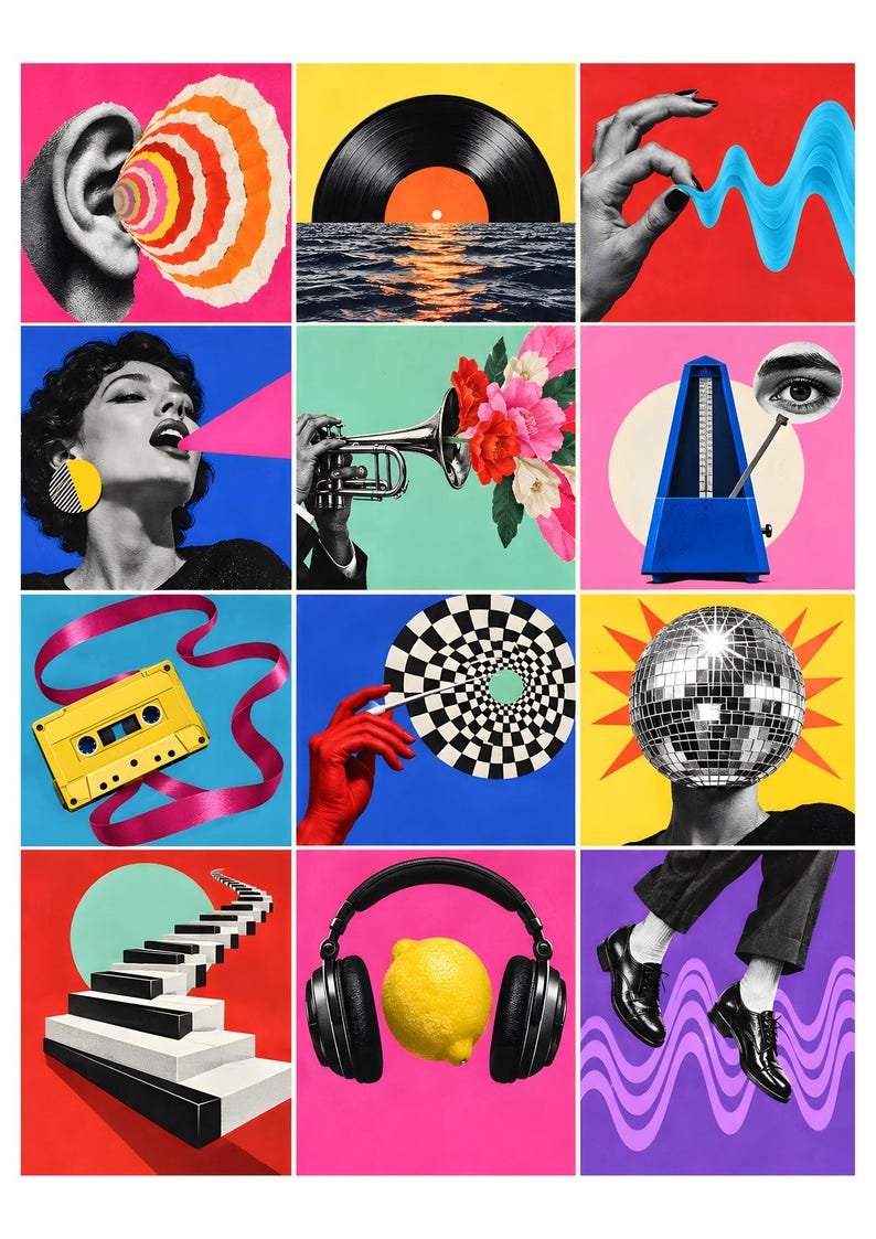 K&ouml;nnte beinhalten: Eine Collage aus zw&ouml;lf lebendigen Feldern mit surrealen Motiven, darunter ein menschliches Ohr mit Schallwellen, eine Schallplatte &uuml;ber Wasser, eine Hand mit blauer Fl&uuml;ssigkeit, eine Trompete mit Blumen, ein Metronom, eine Kassette und eine Discokugel.