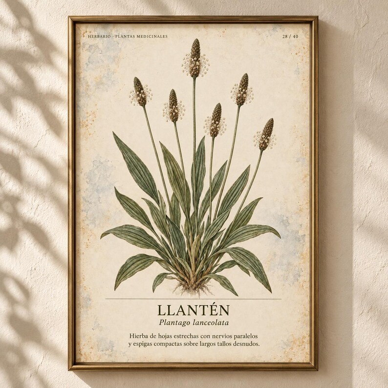 Op de afbeelding: Een ingelijste botanische print van een Plantago lanceolata plant met groene lancetvormige bladeren en zes lange, slanke stengels met getextureerde, cilindrische bloemaren. De achtergrond is getextureerd, verouderd cr&egrave;mekleurig papier met de tekst "HERBARIO PLANTAS MEDICINALES", "28 / 40", "LLANT&Eacute;N", "Plantago lanceolata" en een Spaanse beschrijving.
