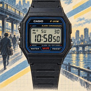Op de afbeelding: Een zwart digitaal horloge met een rechthoekige wijzerplaat, voorzien van de tekst CASIO F-91W, ALARM CHRONOGRAPH en WATER RESIST. Het display toont 10:58:50, SU en PM. Het horloge heeft een zwarte kunststof band en drie knoppen aan de zijkant.