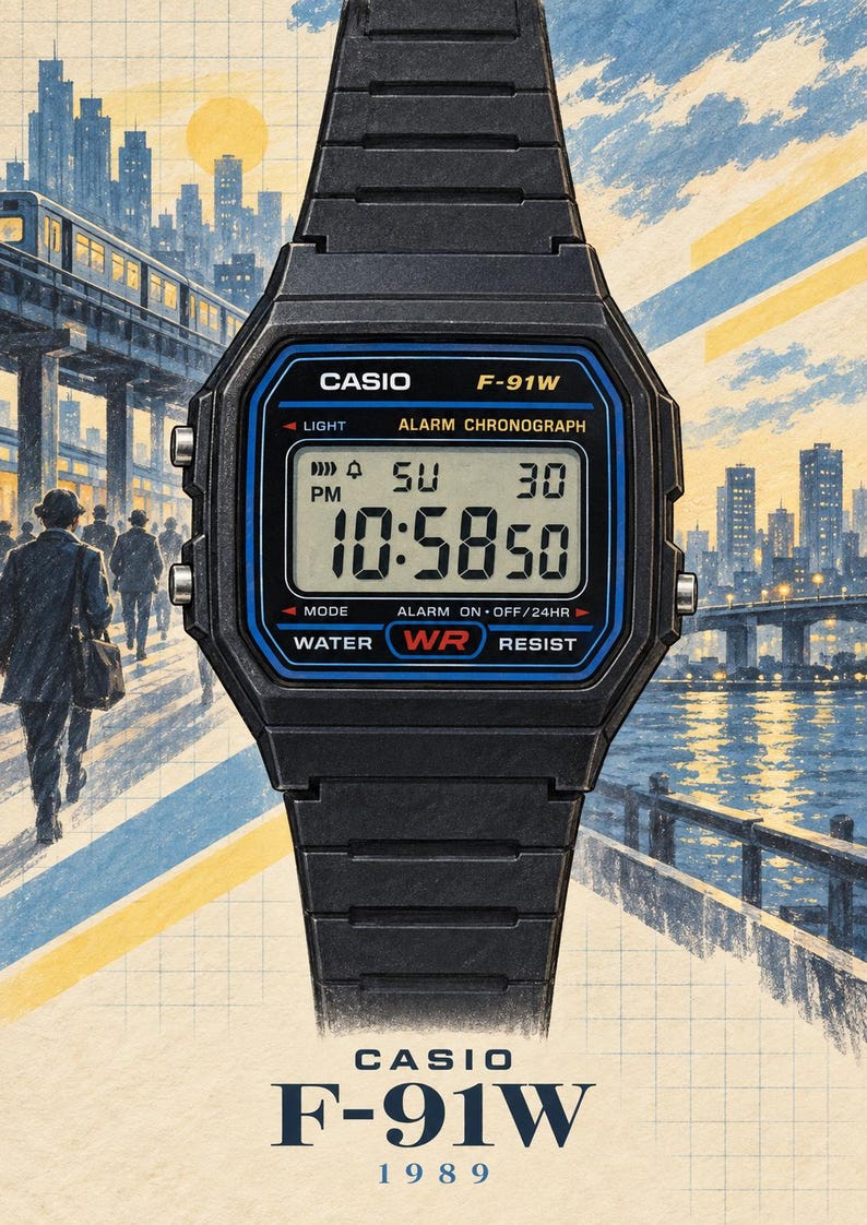 Op de afbeelding: Een zwart digitaal horloge met een rechthoekige wijzerplaat, voorzien van de tekst CASIO F-91W, ALARM CHRONOGRAPH en WATER RESIST. Het display toont 10:58:50, SU en PM. Het horloge heeft een zwarte kunststof band en drie knoppen aan de zijkant.