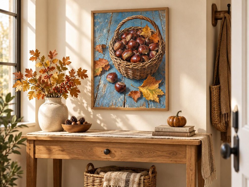 May include: A framed wall art print featuring a woven basket filled with brown chestnuts resting on a weathered blue wooden surface, accented by scattered autumn leaves. The artwork displays a rustic harvest theme with warm orange and brown tones.