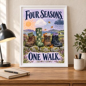 May include: A framed art print titled Four Seasons One Walk featuring an illustration of four different types of footwear including a hiking boot, a daisy-patterned rain boot, a leather boot, and a dark boot, all resting on a stone wall.