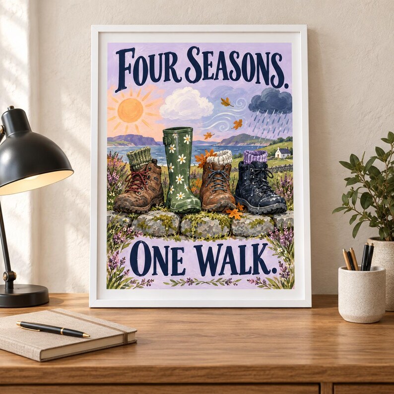 May include: A framed art print titled Four Seasons One Walk featuring an illustration of four different types of footwear including a hiking boot, a daisy-patterned rain boot, a leather boot, and a dark boot, all resting on a stone wall.