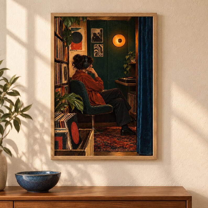 May include: A framed wall art print depicting a person wearing headphones and a rust-coloured jacket, seated in a dark green room with a record collection, a patterned rug, a wall-mounted light, and a blue curtain, all within a light wood frame.