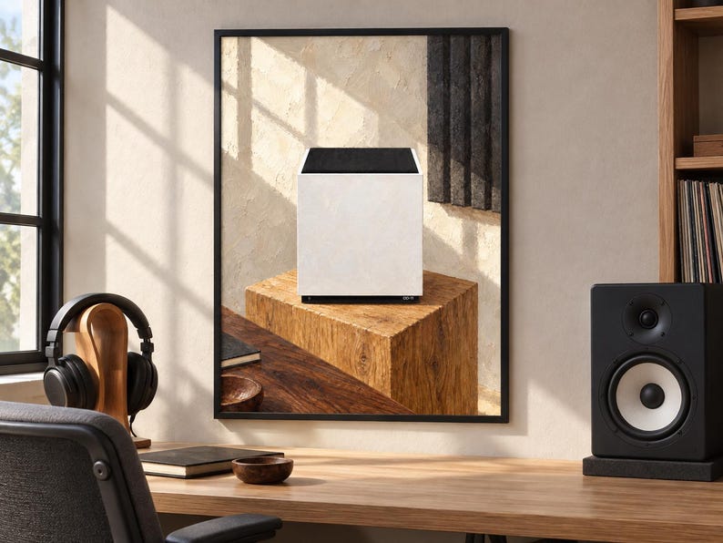 Op de afbeelding: Een ingelijste muurkunstprint met een witte kubusvormige luidspreker met een zwart bovenpaneel, rustend op een getextureerd houten blok. Het kunstwerk wordt getoond in een kamer met een houten bureau, een zwarte koptelefoon en een studiomonitor.