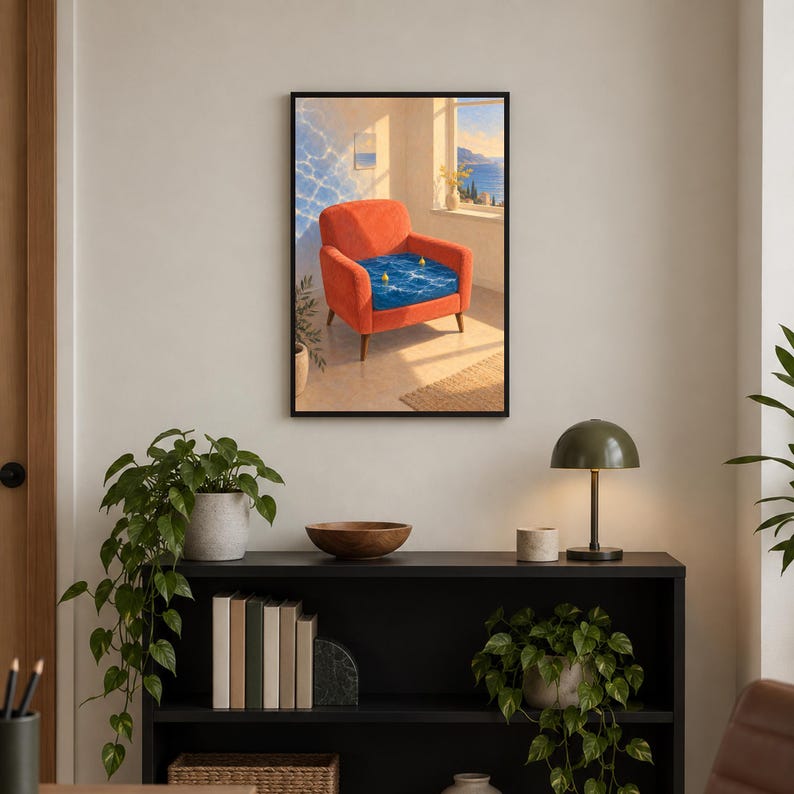 Puede incluir: Una l&aacute;mina de arte mural enmarcada que representa un sill&oacute;n naranja con un coj&iacute;n de asiento con patr&oacute;n de agua azul. La escena muestra una habitaci&oacute;n soleada con una ventana con vistas a la costa, reflejos de luz en la pared y dos patitos amarillos.