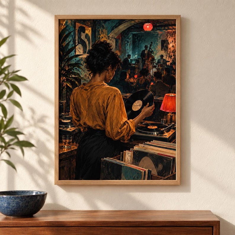 May include: A framed wall art print depicting a person in a mustard yellow shirt and black skirt standing in a dimly lit jazz club. The person holds a black vinyl record near a turntable, with crates of records and a red lamp visible in the scene.