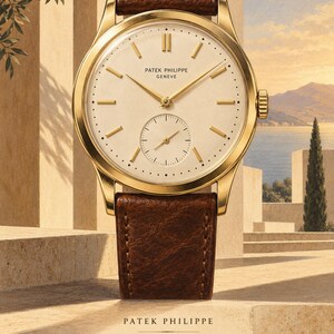 Op de afbeelding: Een gouden polshorloge met een cr&egrave;mekleurige wijzerplaat, gouden uurmarkeringen en een bruine lederen band. Op de wijzerplaat staat de tekst PATEK PHILIPPE GENEVE. Onder het horloge staat de tekst PATEK PHILIPPE CALATRAVA 1932 in een schreeflettertype.