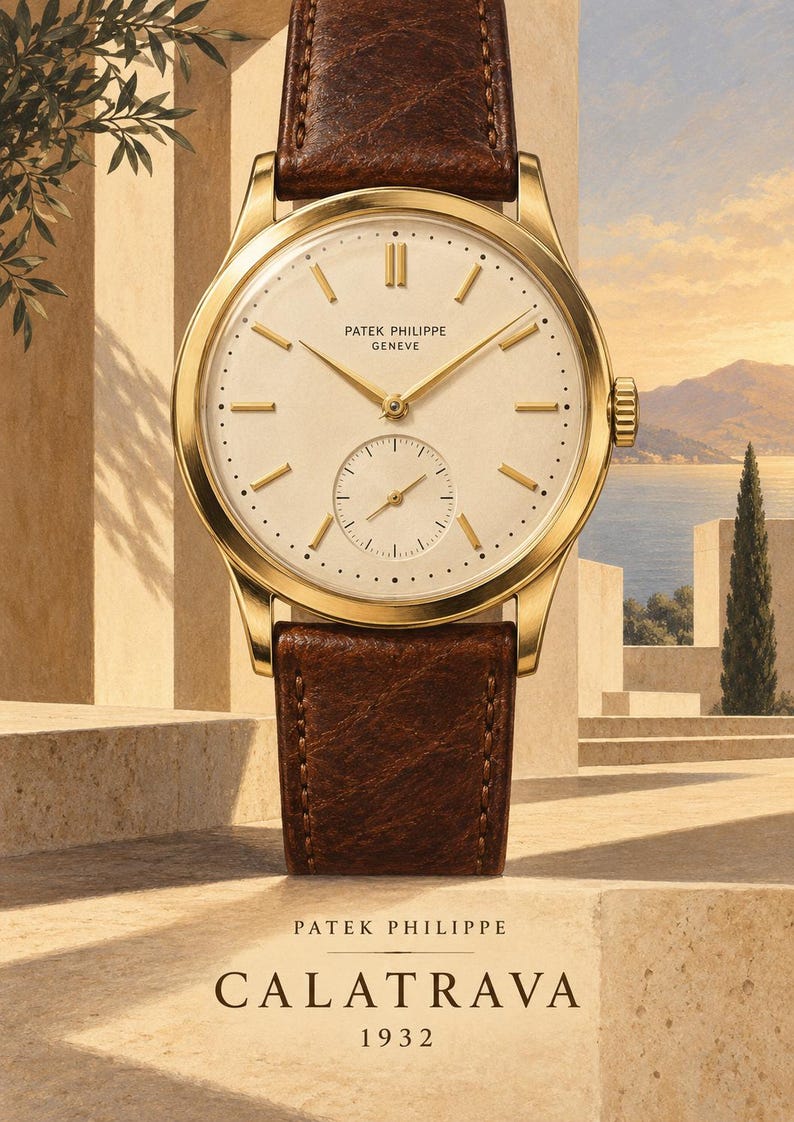 Op de afbeelding: Een gouden polshorloge met een cr&egrave;mekleurige wijzerplaat, gouden uurmarkeringen en een bruine lederen band. Op de wijzerplaat staat de tekst PATEK PHILIPPE GENEVE. Onder het horloge staat de tekst PATEK PHILIPPE CALATRAVA 1932 in een schreeflettertype.
