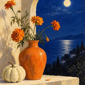 Puede incluir: Una pintura al &oacute;leo que muestra un jarr&oacute;n de cer&aacute;mica de color naranja brillante lleno de vibrantes flores de cal&eacute;ndula naranjas, colocado junto a una calabaza blanca p&aacute;lida. La escena se sit&uacute;a bajo un cielo nocturno azul oscuro.