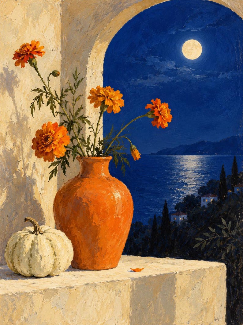 Puede incluir: Una pintura al &oacute;leo que muestra un jarr&oacute;n de cer&aacute;mica de color naranja brillante lleno de vibrantes flores de cal&eacute;ndula naranjas, colocado junto a una calabaza blanca p&aacute;lida. La escena se sit&uacute;a bajo un cielo nocturno azul oscuro.