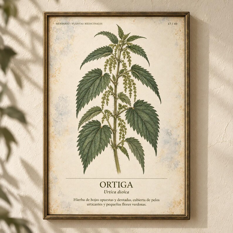 Puede incluir: Una l&aacute;mina bot&aacute;nica enmarcada con una ilustraci&oacute;n detallada de una planta de ortiga con hojas verdes dentadas y racimos de flores colgantes. El texto dice HERBARIO PLANTAS MEDICINALES 17/40, ORTIGA, Urtica dioica y una descripci&oacute;n.