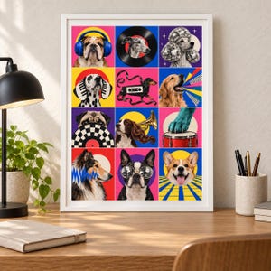May include: A framed wall art print featuring a grid of twelve colorful squares, each displaying a dog interacting with musical elements like headphones, vinyl records, disco balls, a cassette tape, a trumpet, and a drum set against vibrant backgrounds.
