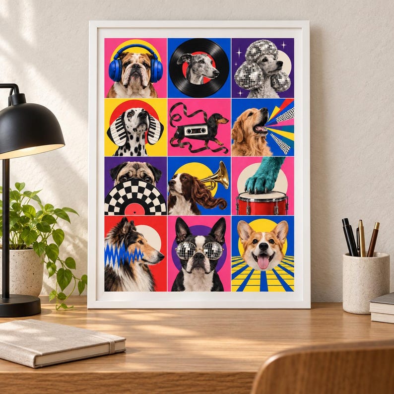 May include: A framed wall art print featuring a grid of twelve colorful squares, each displaying a dog interacting with musical elements like headphones, vinyl records, disco balls, a cassette tape, a trumpet, and a drum set against vibrant backgrounds.
