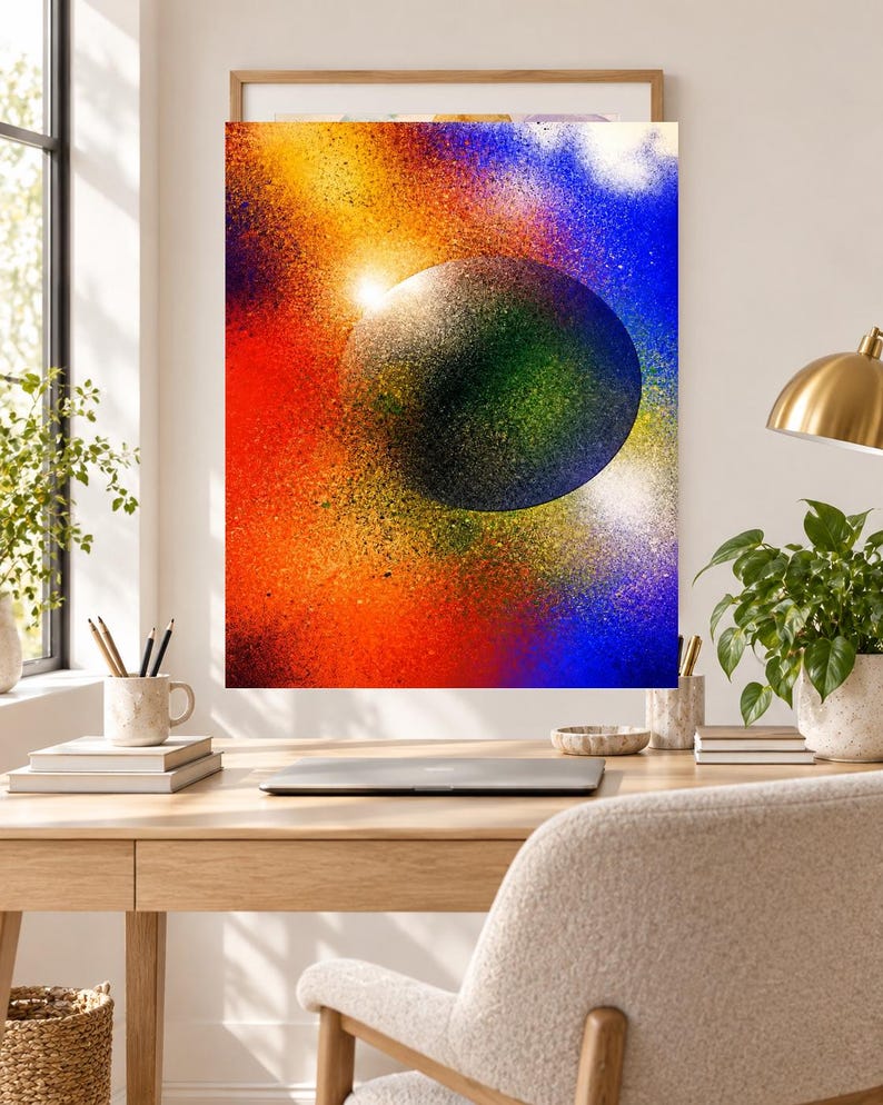 Op de afbeelding: Een rechthoekige wandkunstprint met een centrale donkere bol omringd door een levendig spuitverf-neveleffect. De achtergrond toont een verloop van fel oranje, geel en diepblauwe kleuren met een gespikkeld en getextureerd uiterlijk.