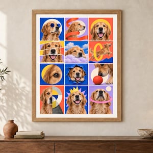 Op de afbeelding: Een ingelijste wandkunstprint met een raster van twaalf kleurrijke panelen, elk met een golden retriever in verschillende speelse houdingen, waaronder met een blauwe zonnebril, een gele kroon en interactie met rode ballen.