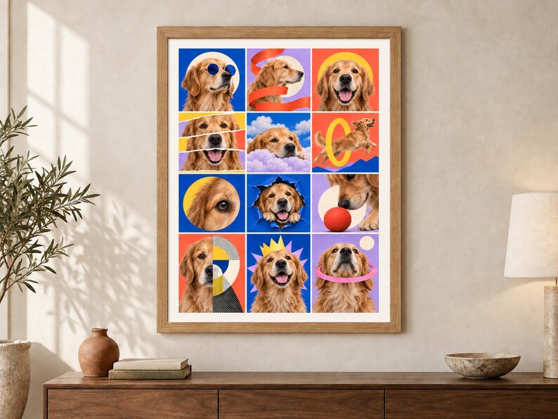 Op de afbeelding: Een ingelijste wandkunstprint met een raster van twaalf kleurrijke panelen, elk met een golden retriever in verschillende speelse houdingen, waaronder met een blauwe zonnebril, een gele kroon en interactie met rode ballen.