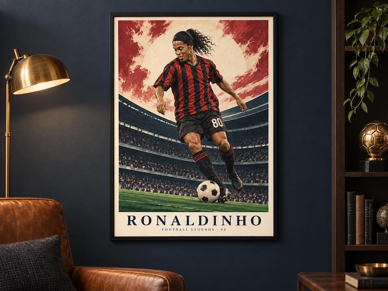 Pu&ograve; includere: Un poster incorniciato raffigurante un calciatore con maglia a righe rosse e nere e pantaloncini neri con il numero 80, che palleggia su un campo. Lo sfondo mostra uno stadio sotto un cielo rosso. Il testo riporta RONALDINHO FOOTBALL LEGENDS 80.