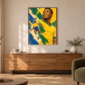 May include: A rectangular wall art print featuring a portrait of a soccer player in a yellow jersey and a smaller action scene of the same player jumping to head a soccer ball, set against a background of yellow, green, and blue brushstrokes.