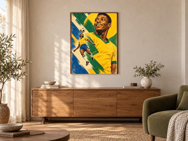 May include: A rectangular wall art print featuring a portrait of a soccer player in a yellow jersey and a smaller action scene of the same player jumping to head a soccer ball, set against a background of yellow, green, and blue brushstrokes.
