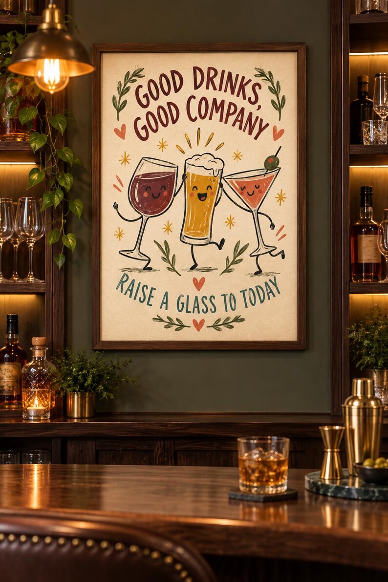 May include: A framed wall art print featuring a cream background with the text Good Drinks, Good Company and Raise a Glass to Today. The illustration depicts a cartoon wine glass, beer mug, and martini glass with faces, arms, and legs.